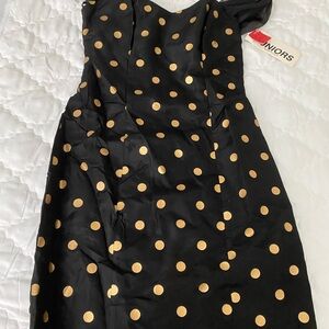 Chic Strapless Black and Gold Polka Dot Dress